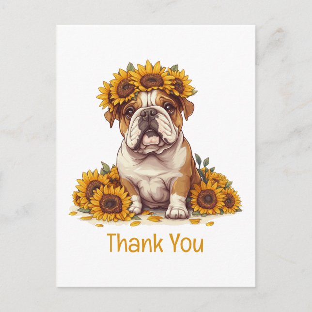 Thank You English Bulldog Sunflower Crown Postcard (Front)