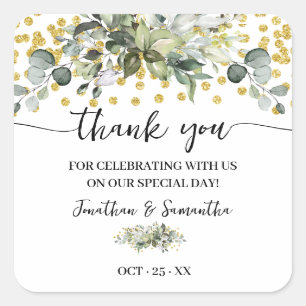 Thank You Eucalyptus Gold Wedding Square Sticker