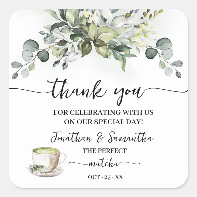 Thank You Eucalyptus Matcha Bridal Shower Square Sticker (Front)