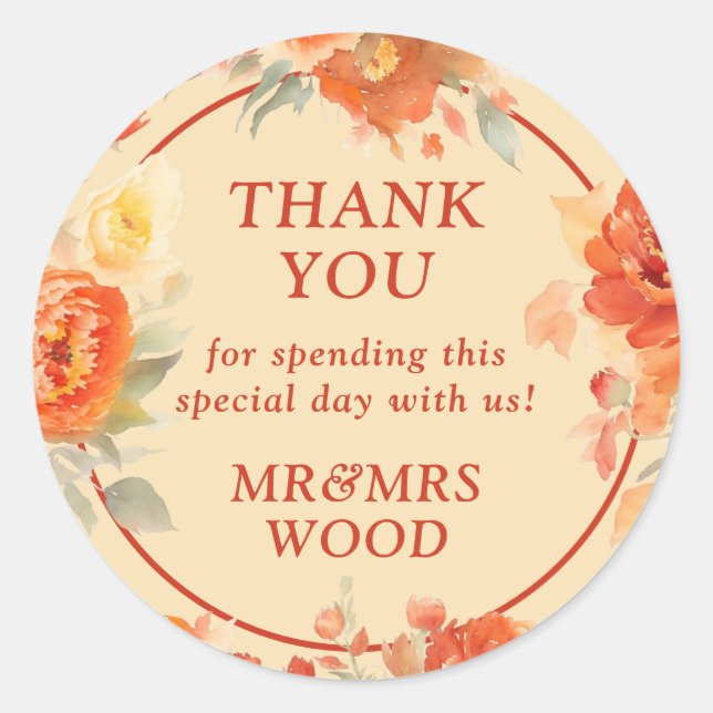 Thank You Fall Burnt Orange Floral Wedding Classic Round Sticker (Front)
