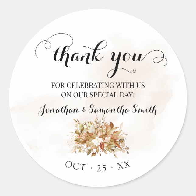 Thank you Fall Eucalyptus Autumn Wedding Classic Round Sticker (Front)