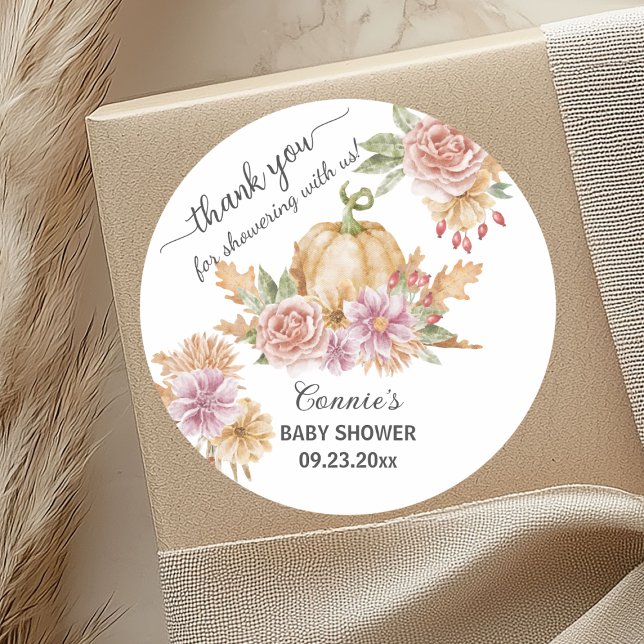 Thank you Fall Floral Little Pumpkin Baby Shower Classic Round Sticker (Creator Uploaded)