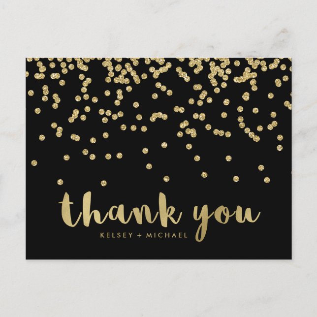 Thank You | Faux Gold Confetti on Black Postcard (Front)