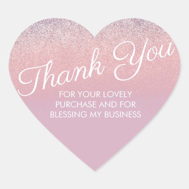 Thank You Faux Pink and Purple Sparkly Glitter   Heart Sticker (Front)