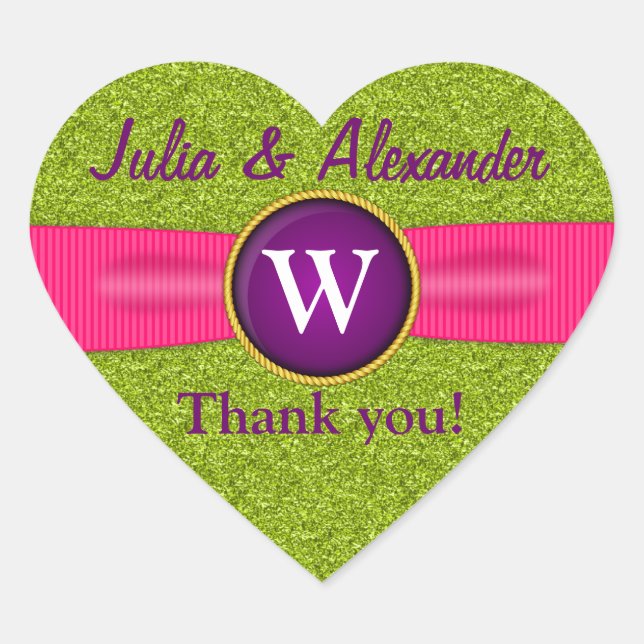 Thank You Faux Ribbon Jewel Green Glitter Heart Heart Sticker (Front)