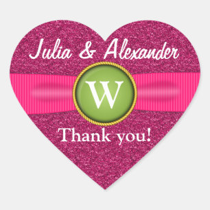 Thank You Faux Ribbon Jewel Pink Glitter Heart Heart Sticker