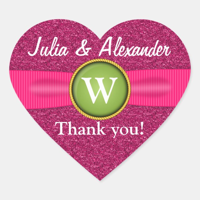 Thank You Faux Ribbon Jewel Pink Glitter Heart Heart Sticker (Front)
