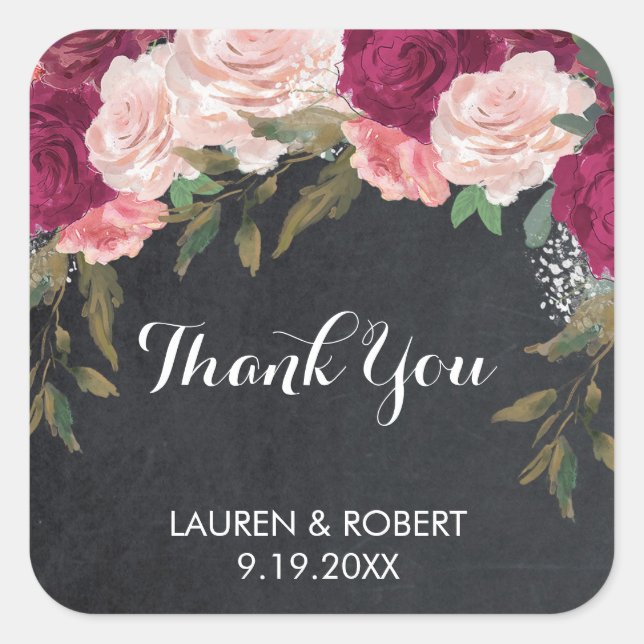 thank you favor stickers burgundy pink floral (Front)
