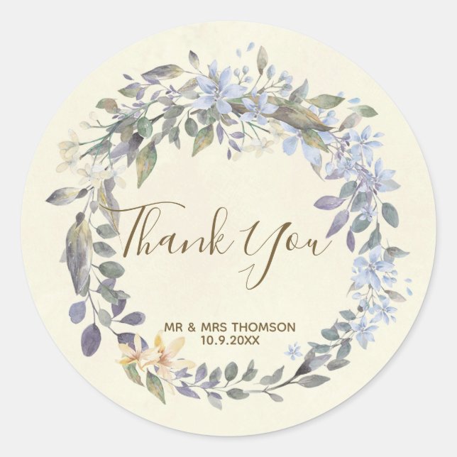 Thank You favors stickers boho blue floral (Front)