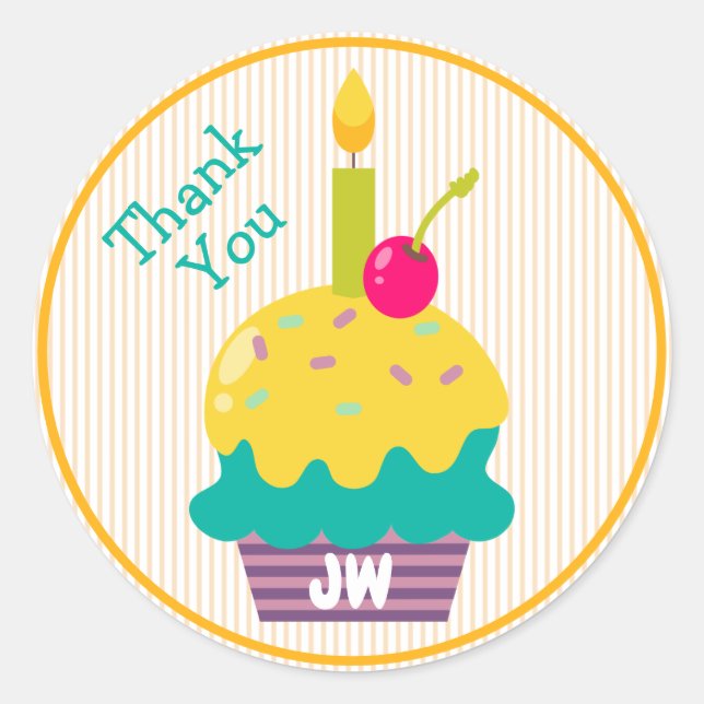 Thank You Favour Colourful Lemon Cupcake Monogram Classic Round Sticker (Front)