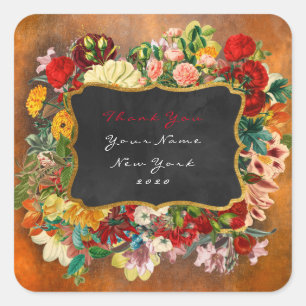 Thank You Favour Gold Green Roses Floral Grunge Square Sticker