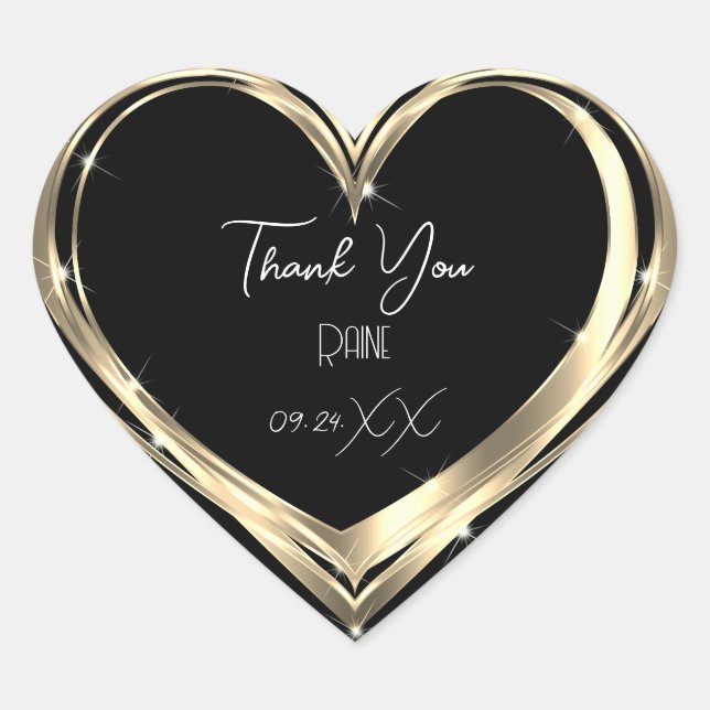 Thank You Favour Gold Heart Black White  Heart Sticker (Front)