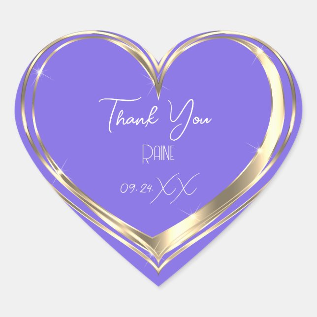 Thank You Favour Gold Heart Bridal Wedding Purple Sticker (Front)