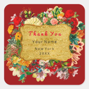 Thank You Favour Golden Frame  Roses Floral Burgun Square Sticker