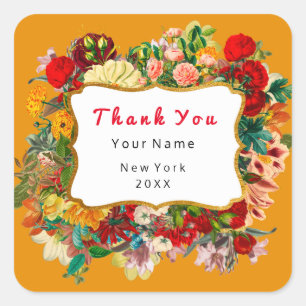 Thank You Favour Golden Frame  Roses Floral Orange Square Sticker