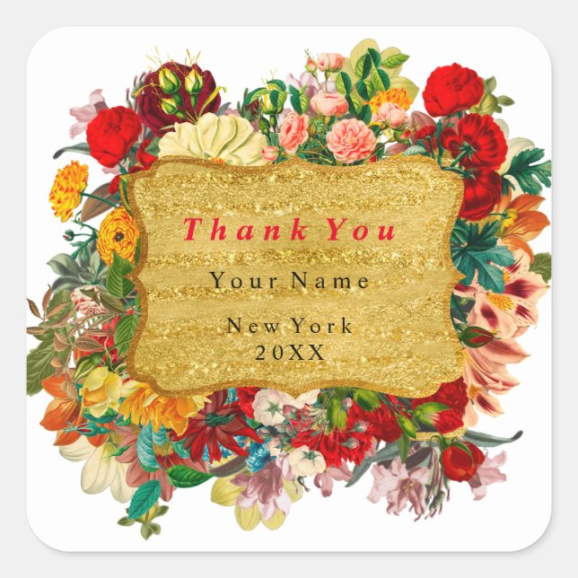 Thank You Favour Golden Frame  Roses Floral White Square Sticker (Front)