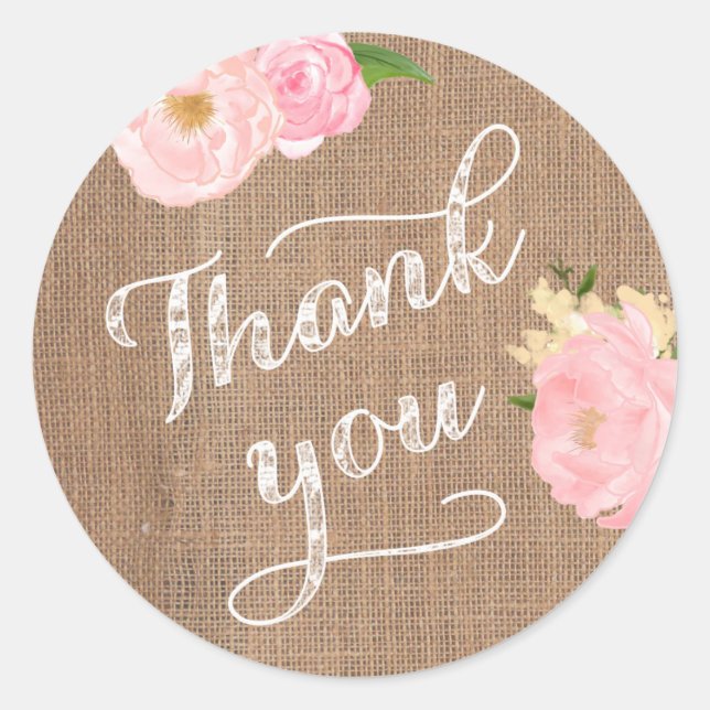 Thank you favour stickers, shabby style burlap classic round sticker (Front)