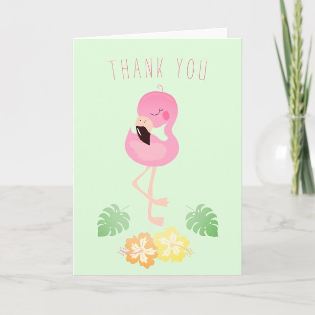 Thank You Flamingo Tropical Leaf Flower Green Pink Card (Front)