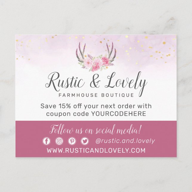 Thank You Floral Antlers Blush Pink & Gold Marble  Postcard (Back)