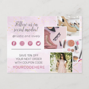 Thank You Floral Antlers Pink Gold Marble 4-Photo Postcard