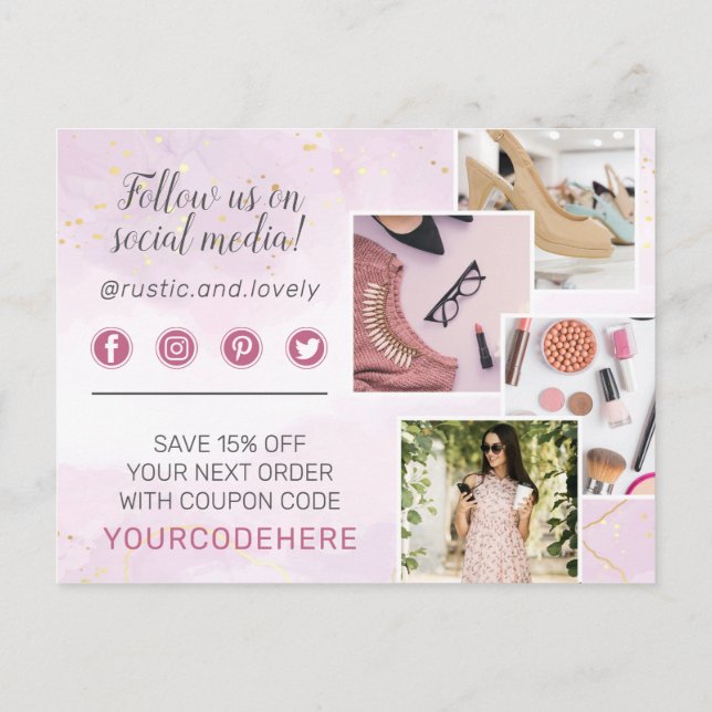 Thank You Floral Antlers Pink Gold Marble 4-Photo Postcard (Back)