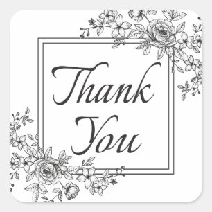 Thank You Floral Black And White Fower Square Sticker
