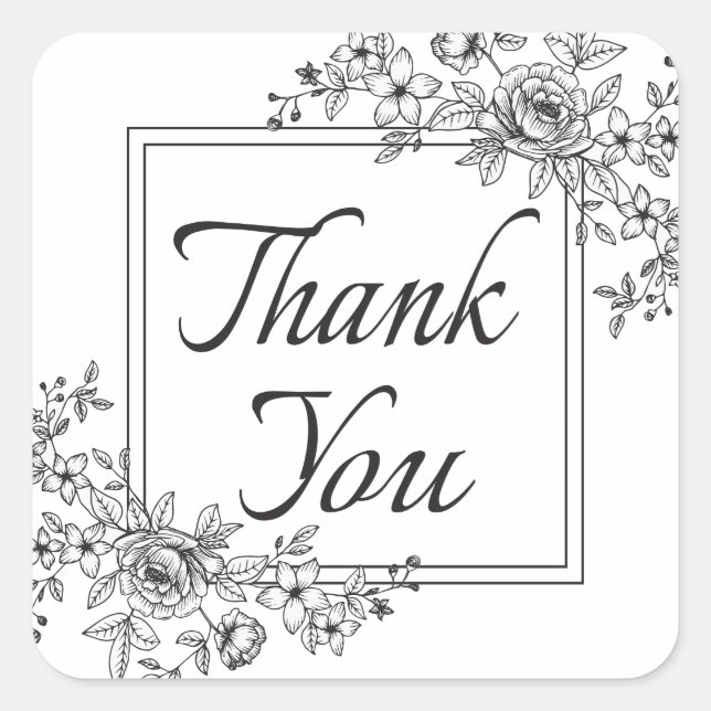 Thank You Floral Black And White Fower Square Sticker (Front)