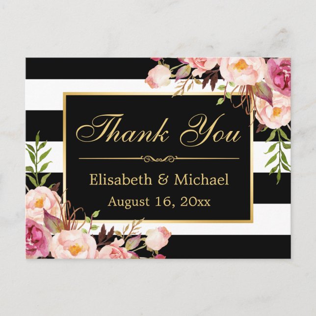 Thank You - Floral Black White Stripes Gold Frame Postcard (Front)