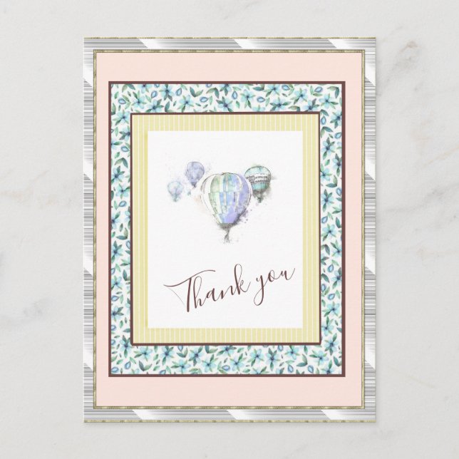 Thank You  Floral Blue Balloon Spark Silver Postcard (Front)