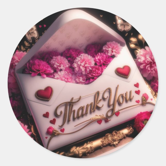“Thank You” Floral Bouquet Classic Round Sticker (Front)