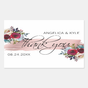 Thank you Floral Burgundy Rose Gold Wedding Bridal Rectangular Sticker