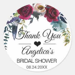 Thank you Floral Burgundy Wedding Bridal Classic Round Sticker