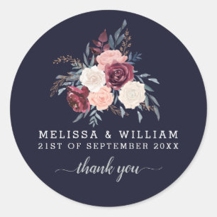 Thank you Floral Burgundy Wedding Navy Classic Round Sticker