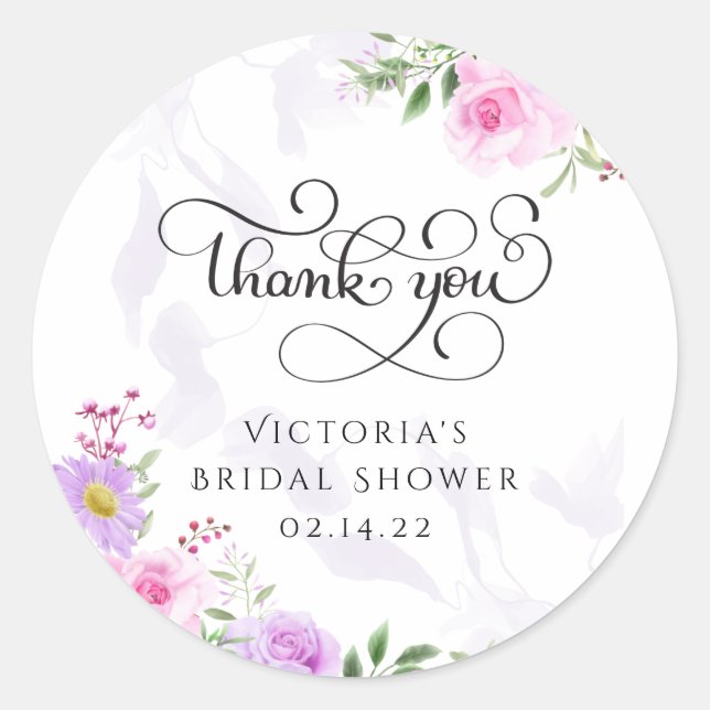 Thank You Floral Elegant Bridal Shower Classic Round Sticker (Front)