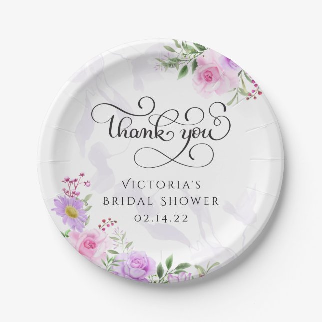 Thank You Floral Elegant Bridal Shower  Paper Plate (Front)