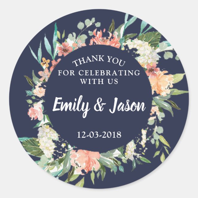 Thank you floral navy wreath Wedding sticker (Front)