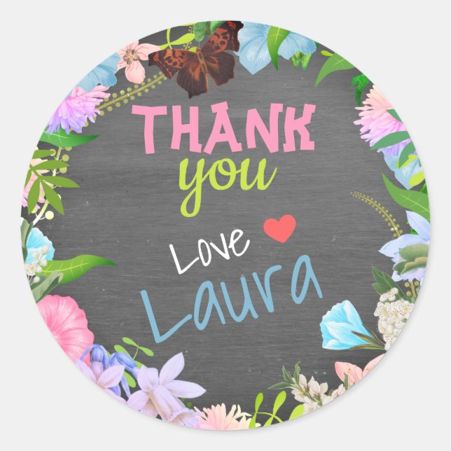 Thank you floral pink and blue classic round sticker (Front)