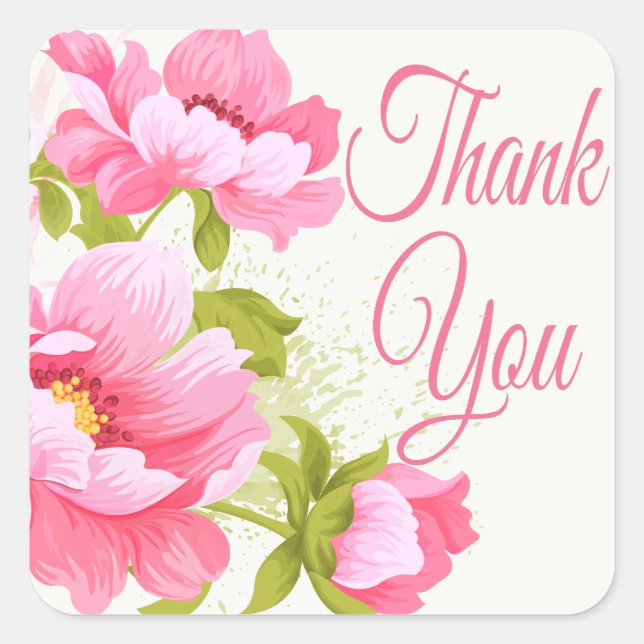 Thank You Floral Pink Peonies Flower Wedding Square Sticker (Front)