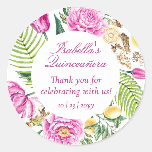 Thank You Floral Pink Peonies Lemons Quinceañera  Classic Round Sticker (Front)
