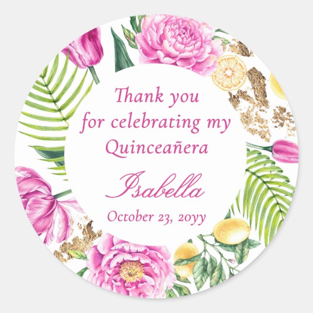 Thank You Floral Pink Peonies Lemons Quinceañera  Classic Round Sticker (Front)