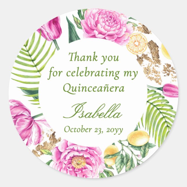 Thank You Floral Pink Peonies Lemons Quinceañera  Classic Round Sticker (Front)