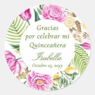 Thank You Floral Pink Peonies Spanish Quinceañera Classic Round Sticker