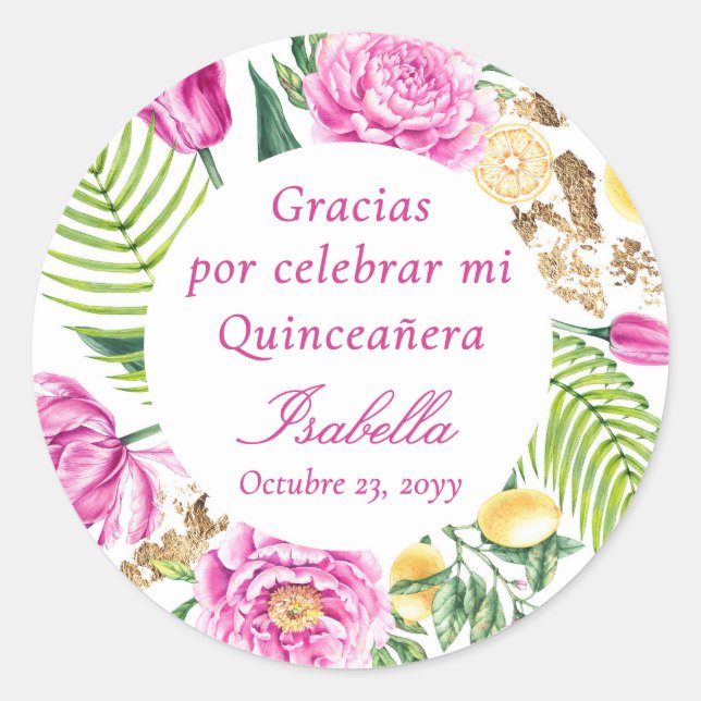 Thank You Floral Pink Peonies Spanish Quinceañera  Classic Round Sticker (Front)