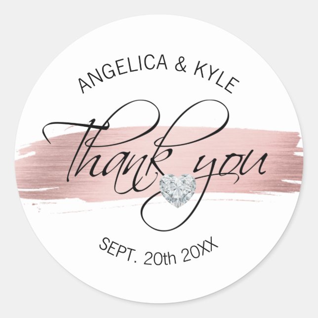 Thank you Floral Rose Gold Heart Wedding Bridal Classic Round Sticker (Front)