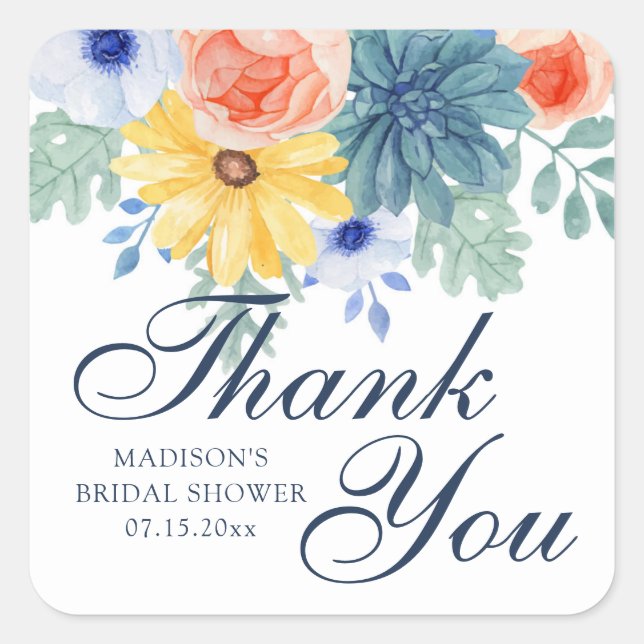 Thank You Floral Succulent Macaron Bridal Shower Square Sticker (Front)