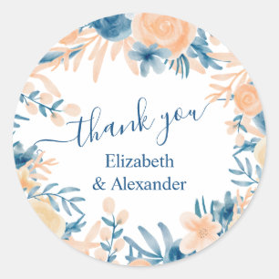 Thank you floral watercolor blue peach wedding classic round sticker