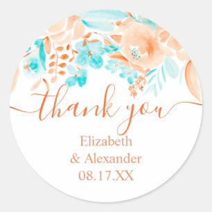 Thank you floral watercolor coral beach wedding classic round sticker
