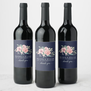 Thank you Floral Watercolor Navy Wedding Wine Label