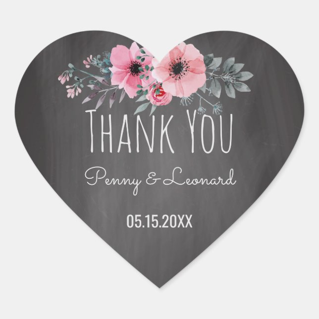 Thank You Floral | Wedding Favour Chalkboard Heart Sticker (Front)