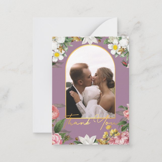  thank you floral wedding photo gold arch purple card (Front)